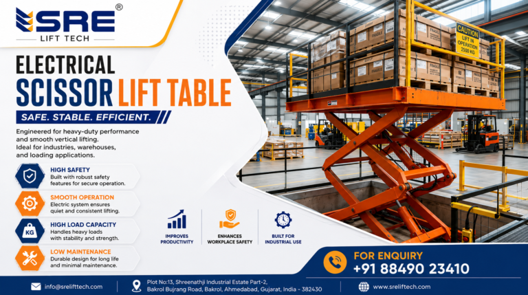 Electrical scissor lift table lifting heavy industrial materials safely