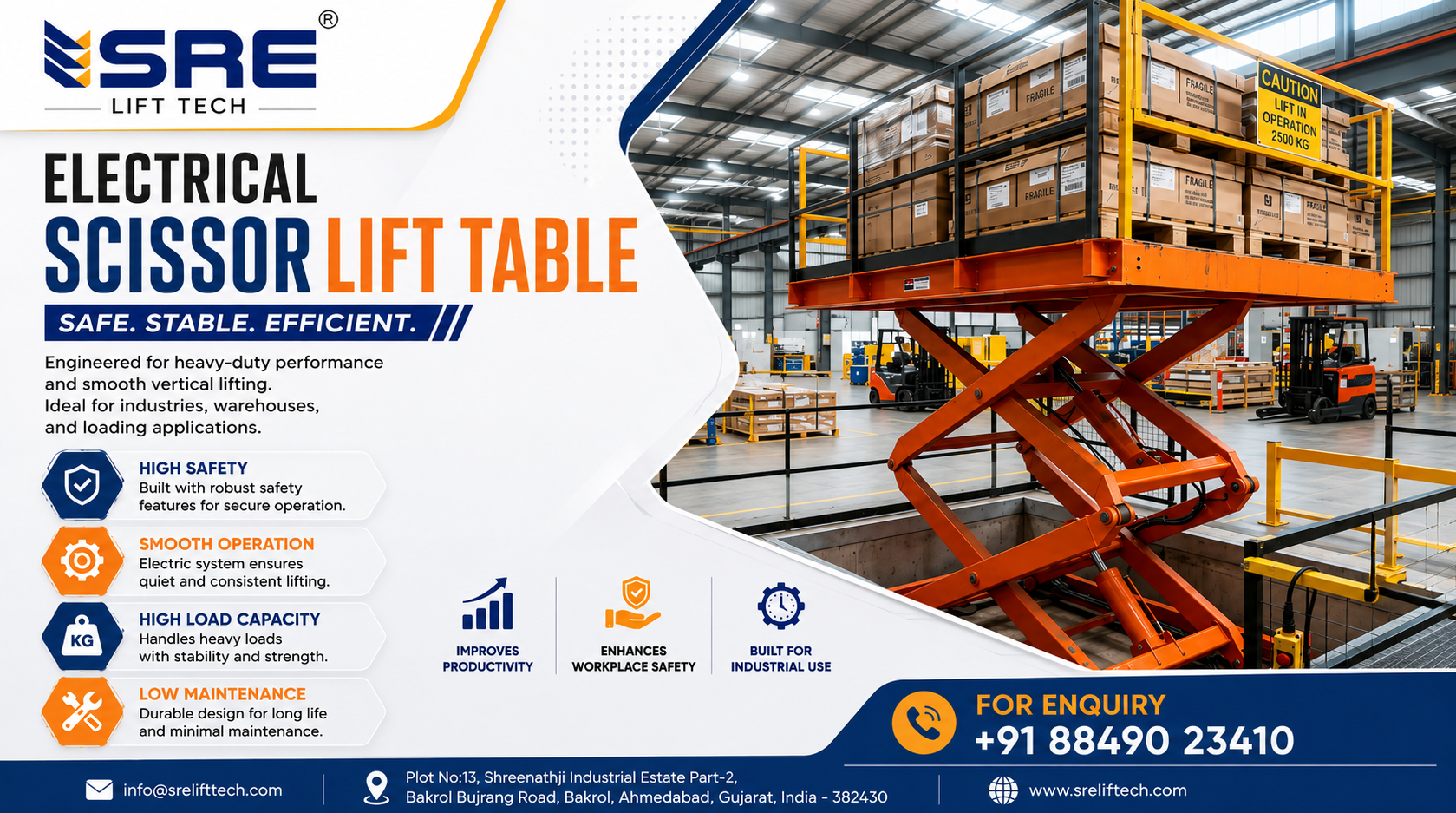 Electrical scissor lift table lifting heavy industrial materials safely