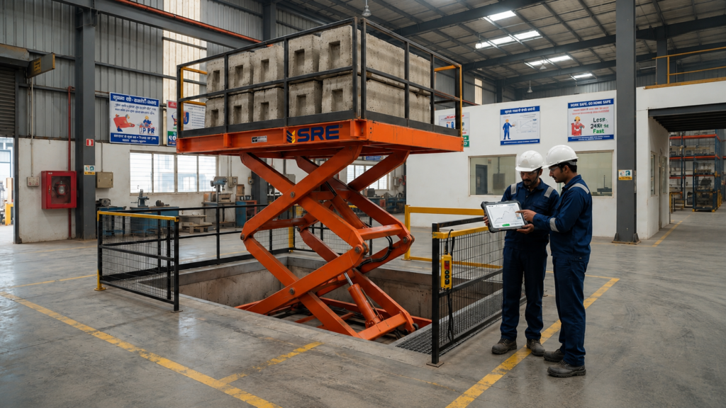 industrial scissor lift with safety rails